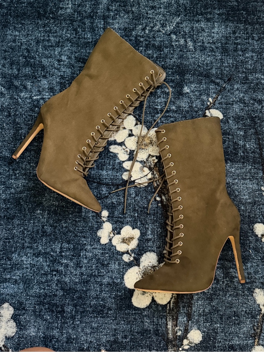 Y2K Olive Lace-Up Pointed Toe Stiletto Booties